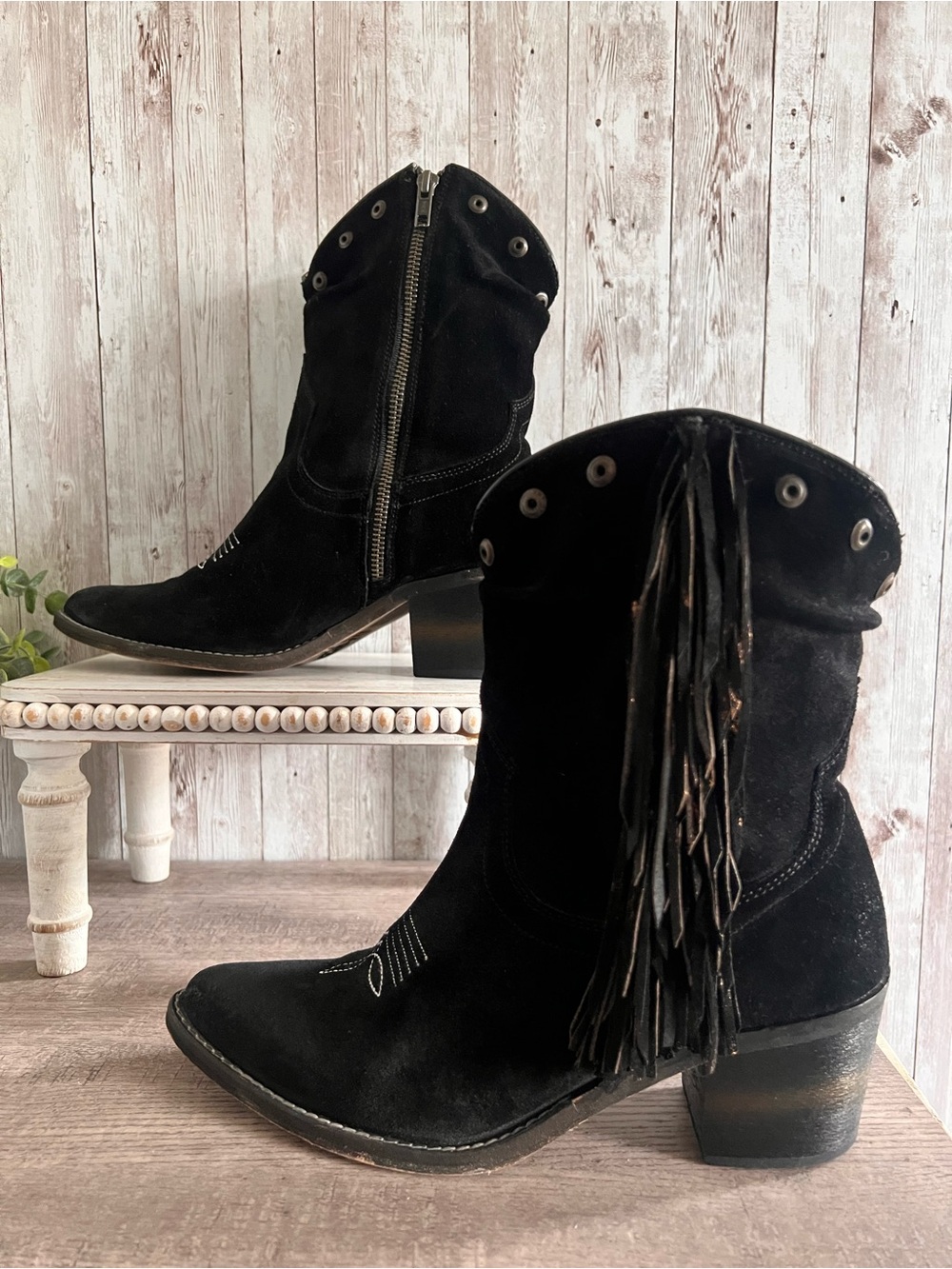 CORRAL CIRCLE G WOMEN'S 8" BLACK SLOUCH EMBROIDERY FRINGES POINTED TOE Boots 8.5